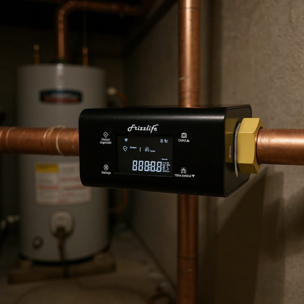 Frizzlife LP365 Smart Water Monitor Review (2026) 1 Frizzlife LP365 smart water monitor installed on a copper pipe in a basement