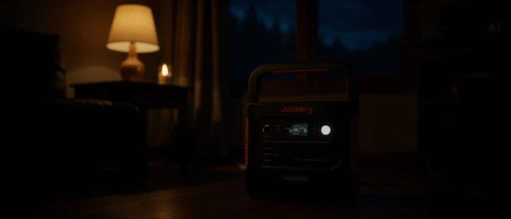 Best Portable Power Station Canada — Jackery Explorer 2000 v2 power station running a lamp during an evening power outage