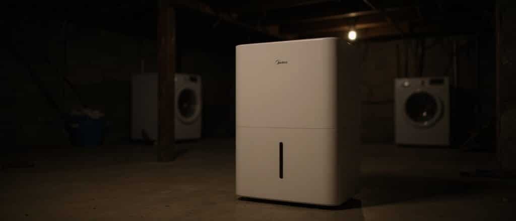 Best Dehumidifier Basement Canada — Midea dehumidifier running in an unfinished basement