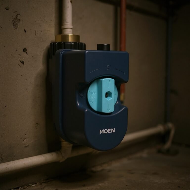 Frizzlife LP365 Smart Water Monitor Review (2026) 2 Moen Flo smart water shutoff installed on a pipe in a basement