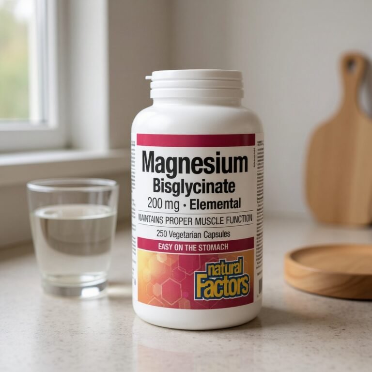 Natural Factors Magnesium Bisglycinate bottle on a kitchen counter