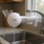 PUR PFM150W faucet water filter mounted on a kitchen faucet