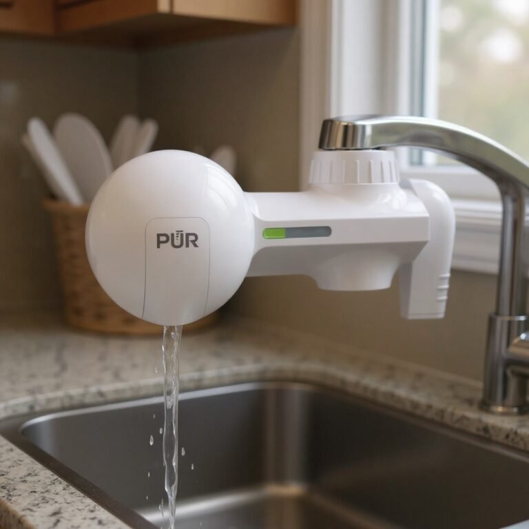 PUR faucet water filter mounted on a kitchen faucet with water running