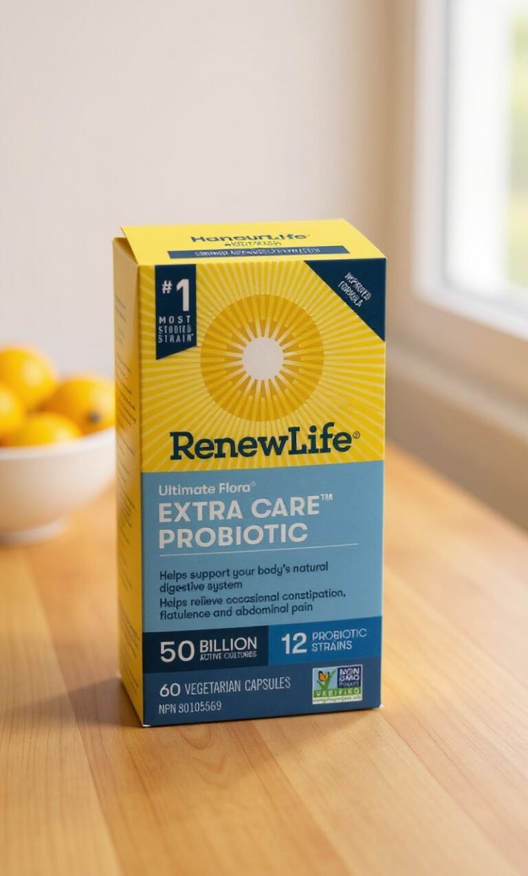 Renew Life Ultimate Flora Extra Care Probiotic box on a wood kitchen counter