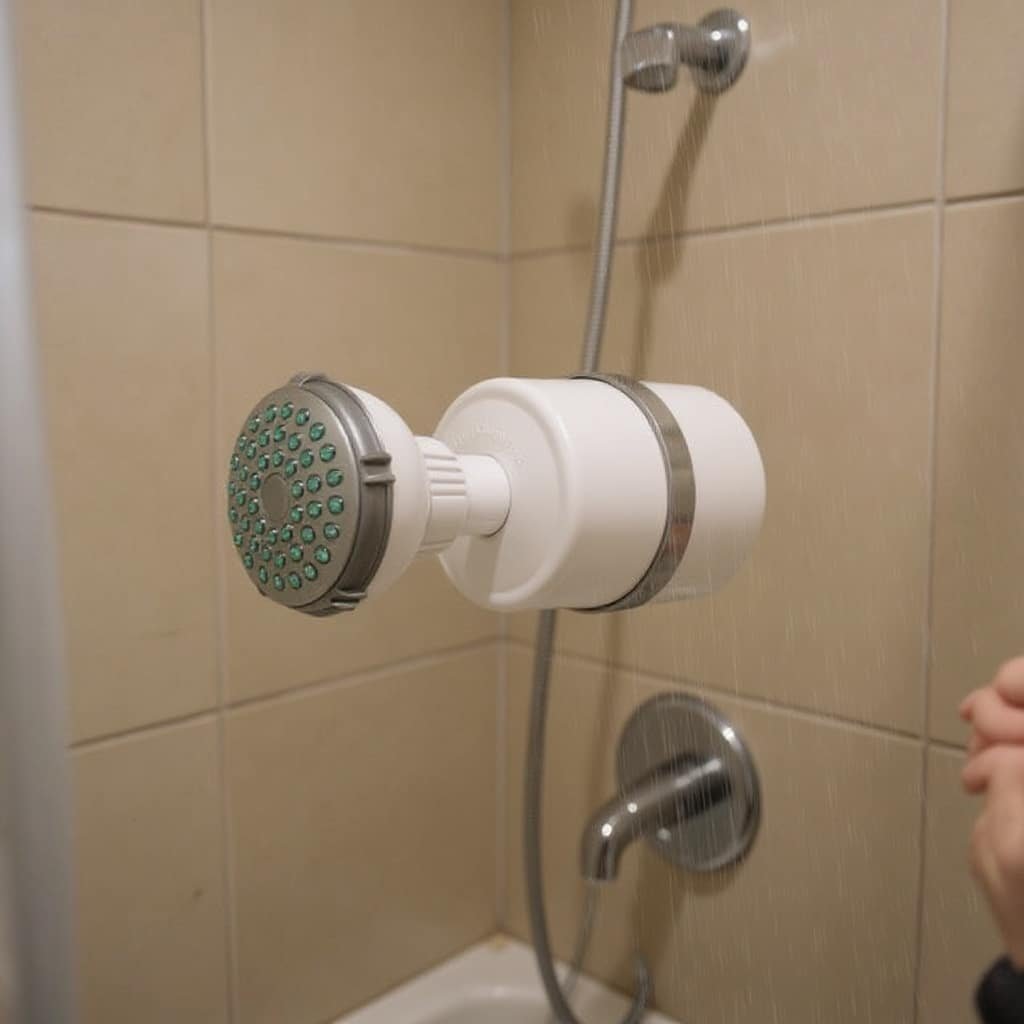 Chrome inline shower filter mounted between shower arm and showerhead with water running