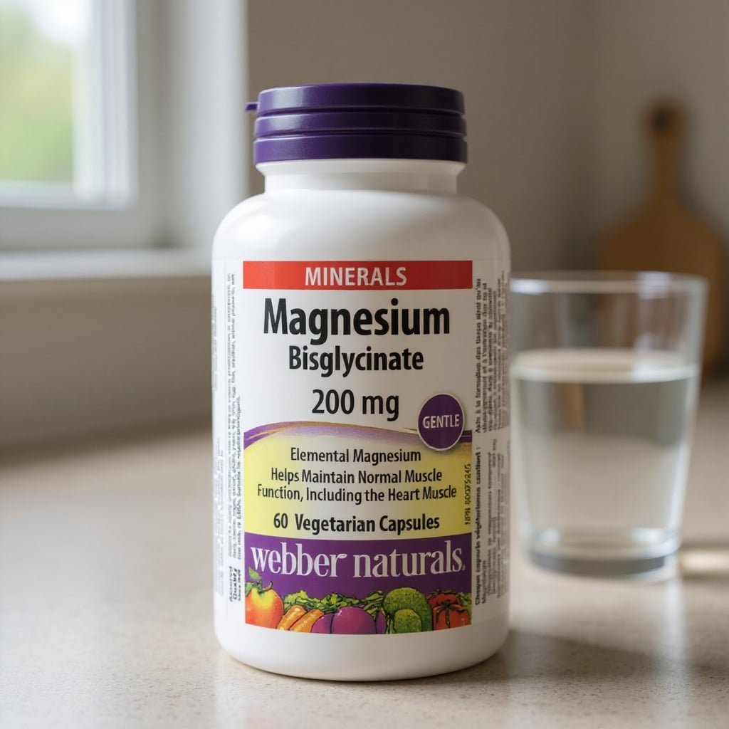 Webber Naturals Magnesium Bisglycinate 200mg bottle on a kitchen counter