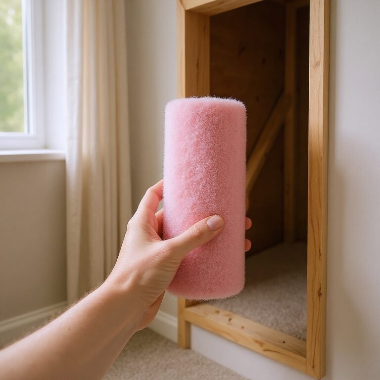 hand holding a roll of fiberglass insulation near an open wall cavity