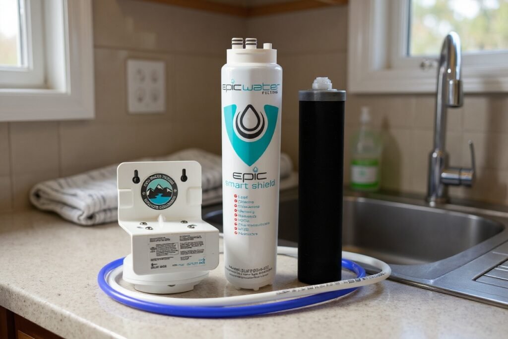 A water filter cartridge unboxed on a kitchen counter after delivery