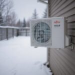 Fujitsu XLTH outdoor condenser unit mounted on a house in deep winter snow, northern Ontario