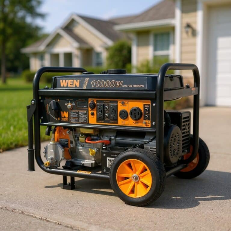 portable generator running outdoors on a driveway during a power outage
