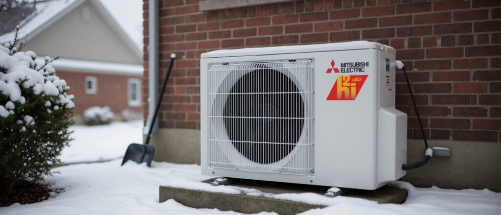 Mitsubishi cold-climate heat pump outdoor unit installed on a brick house in Ontario, snow on the ground