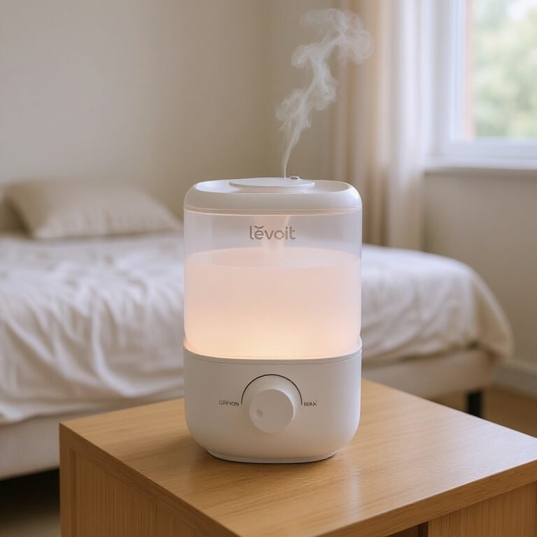 humidifier running on a nightstand in a bright bedroom