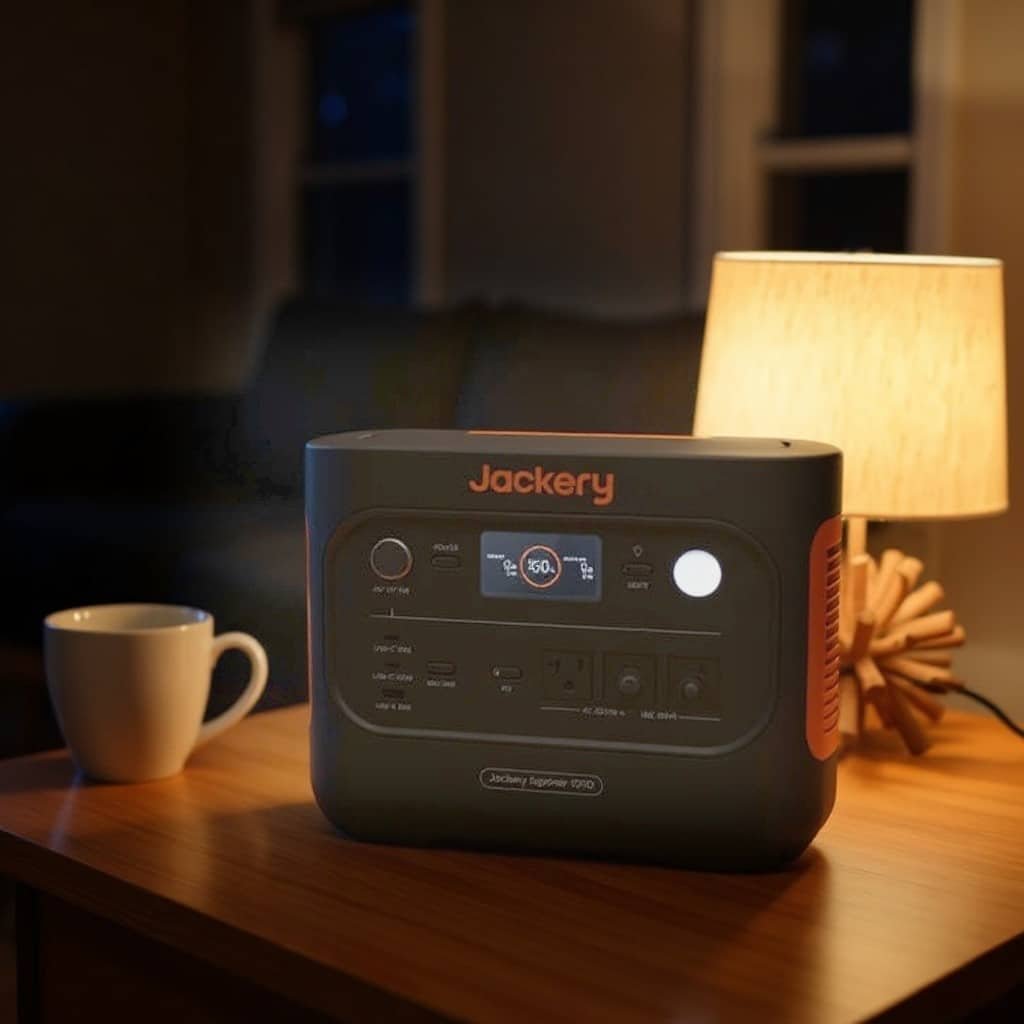 Jackery portable power station running a lamp during an evening power outage