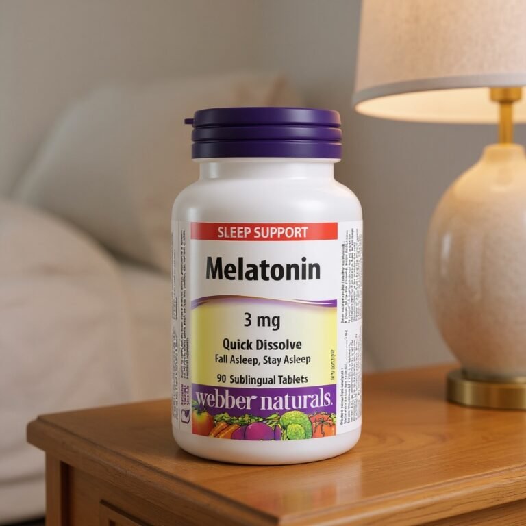 melatonin supplement bottle on a nightstand beside a bed