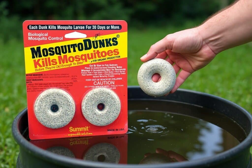 Mosquito Dunks Standing Water — Placing a mosquito dunk in standing water by hand