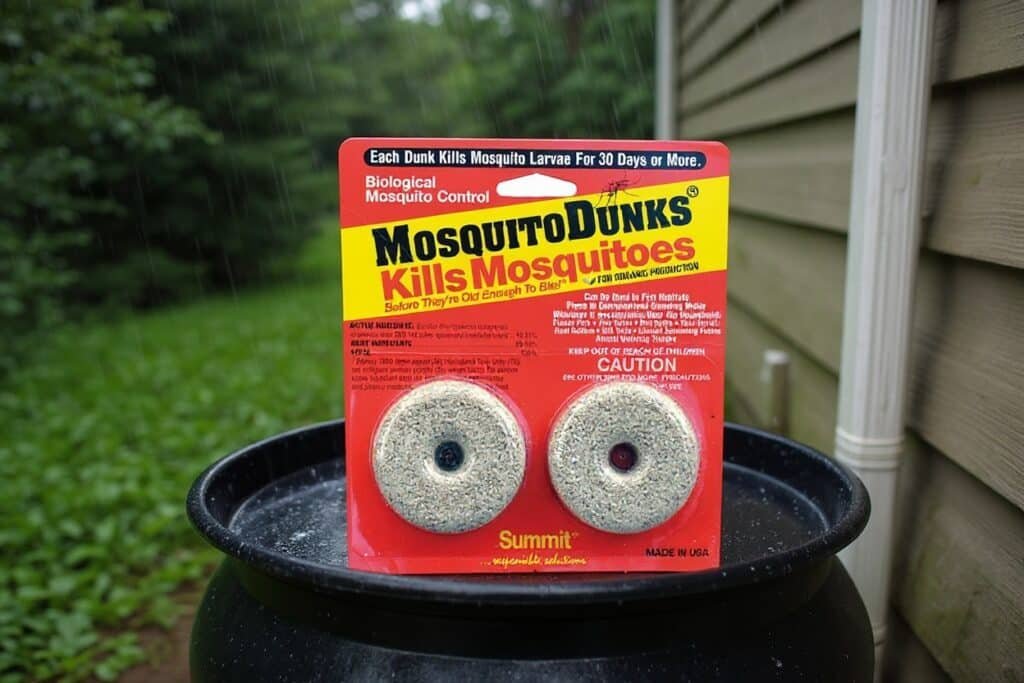 Best Mosquito Control for Standing Water in Canada (Homeowner Guide) 1 Mosquito dunks treating a rain barrel
