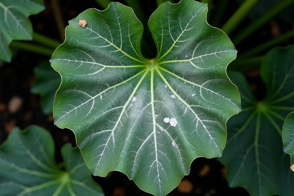 Powdery mildew on squash leaf — white fungal spores next to healthy green leaf