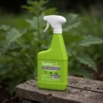 Safer's 3-in-1 Garden Spray bottle on a backyard garden bench