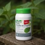 Safer's Sulphur Dust container on a backyard garden bench