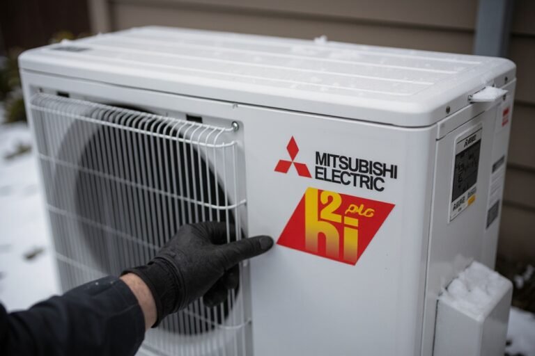 HVAC installer's gloved hand checking the manufacturer rating plate on a Mitsubishi outdoor heat pump unit in winter