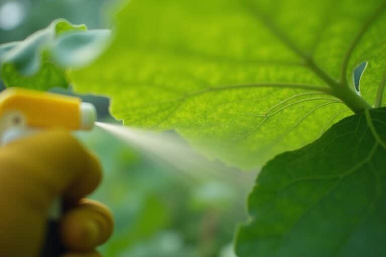 Gloved hand spraying the underside of a squash leaf with a light fungicide mist