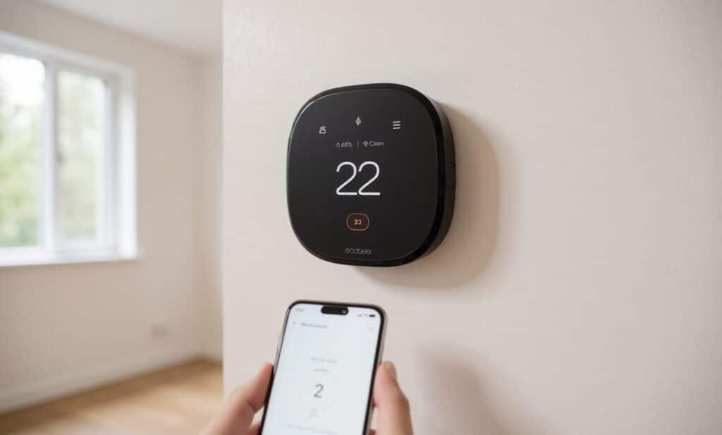 Best Smart Thermostat for Canada (2026) 1 smart thermostat mounted on a hallway wall with a phone showing the companion app nearby