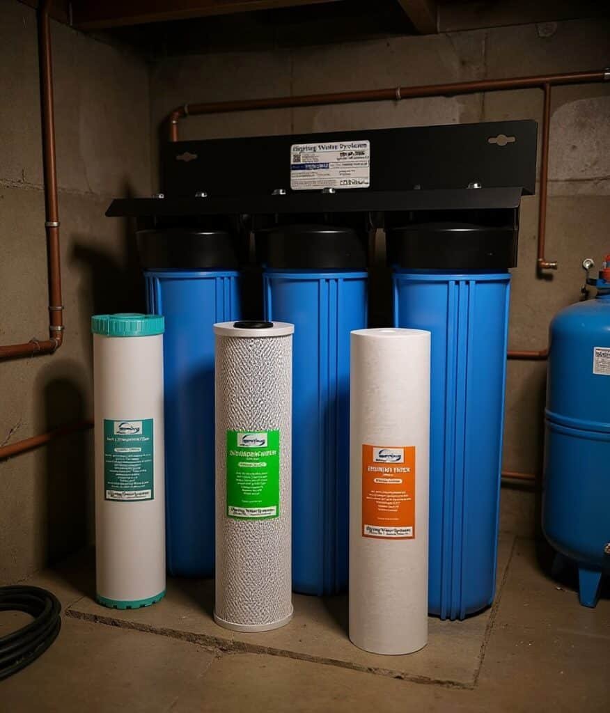 well water treatment system tanks installed in a home utility room