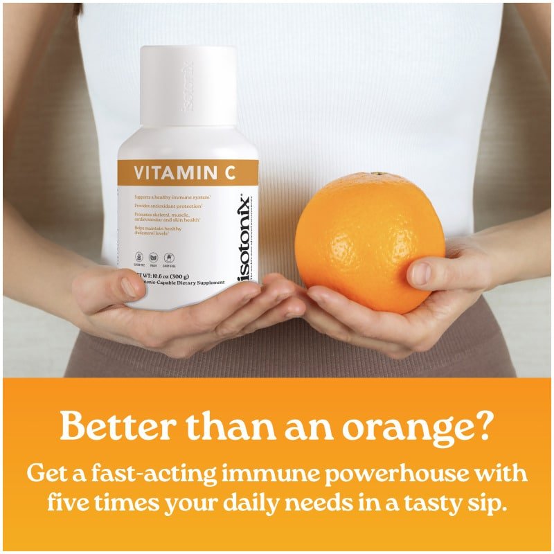 Isotonix Vitamin C bottle held next to a real orange for scale