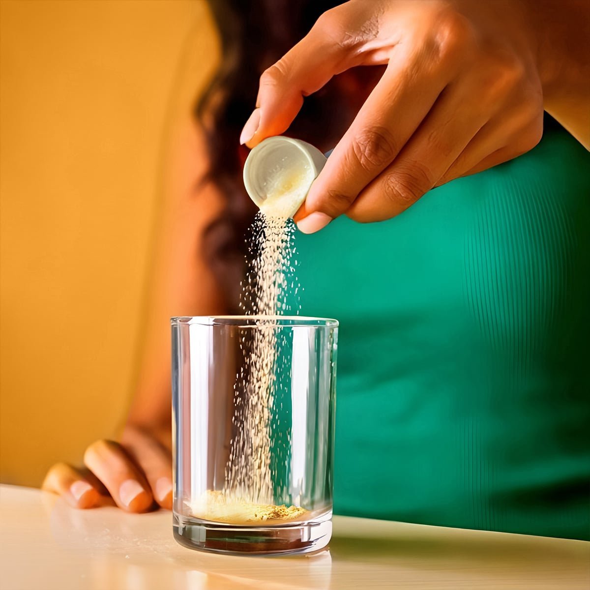 Pouring one capful of Isotonix Vitamin C powder into a glass