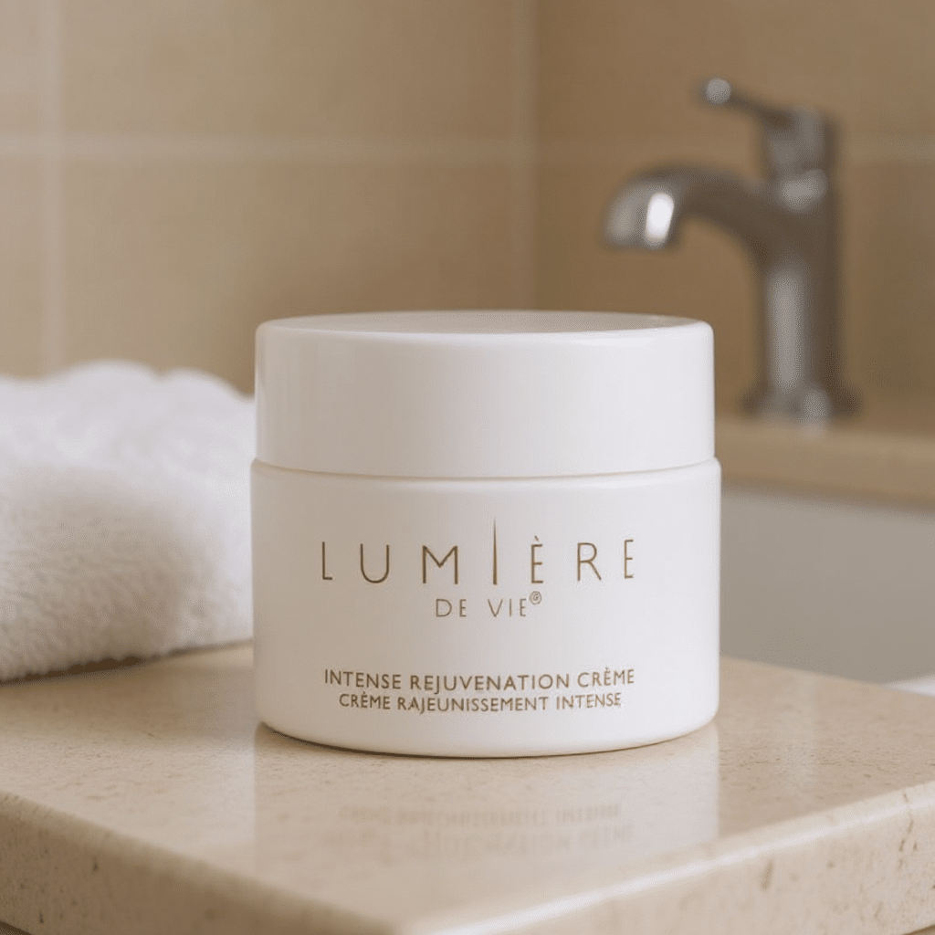 Lumiere de Vie Intense Rejuvenation Creme on a bathroom vanity