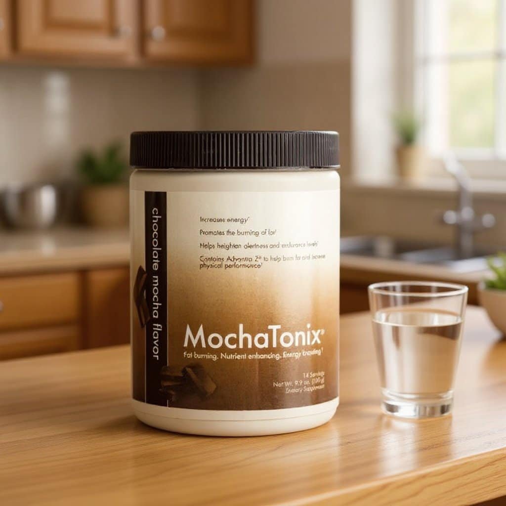 MochaTonix canister on a kitchen counter beside a glass of water