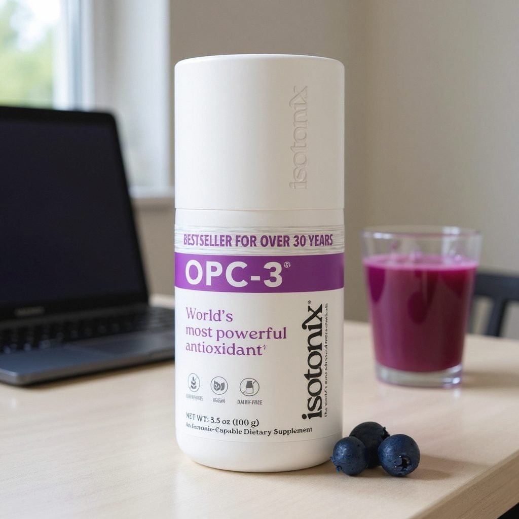 Isotonix OPC-3 bottle with the mixed antioxidant drink and blueberries