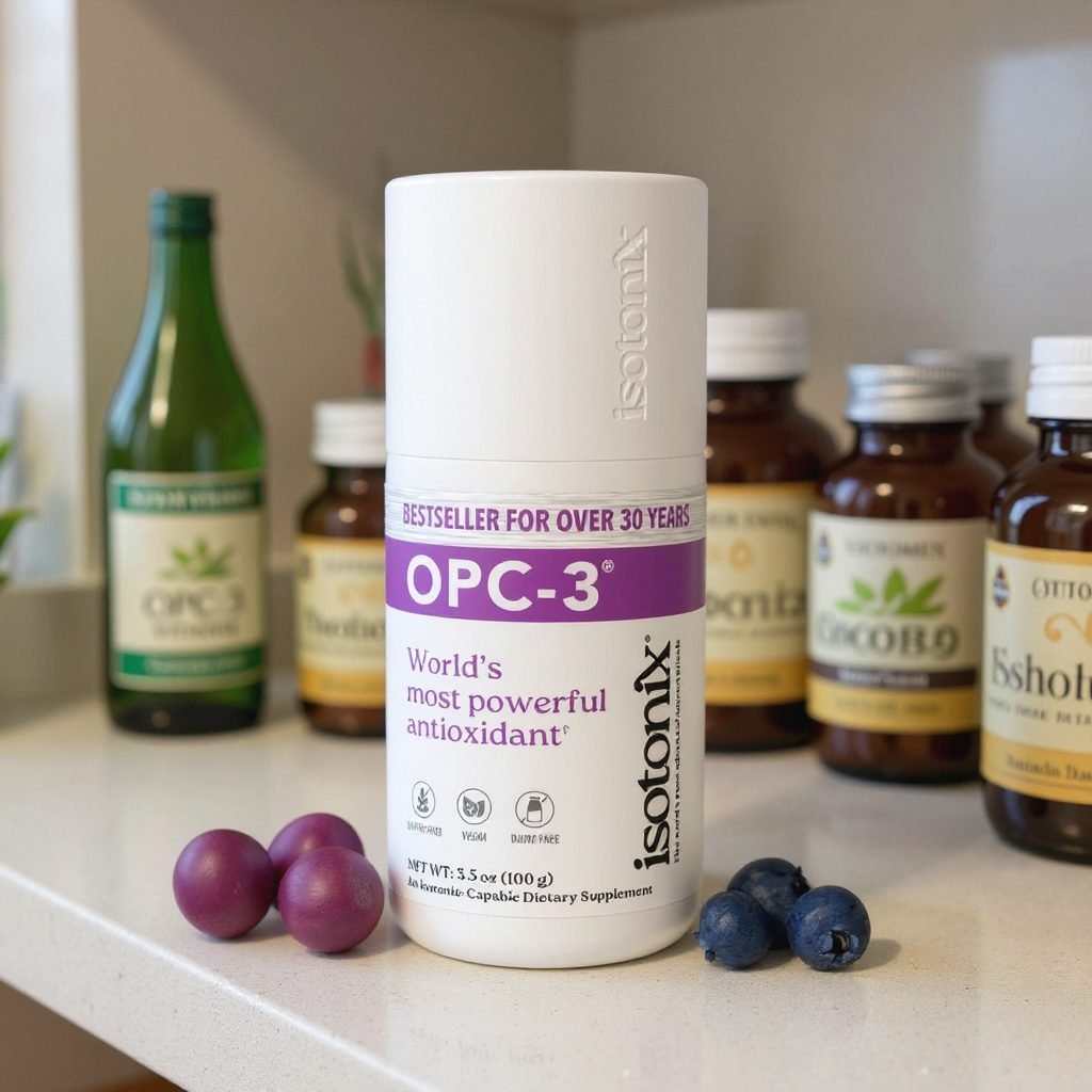 Isotonix OPC-3 bottle on a kitchen counter with the mixed drink