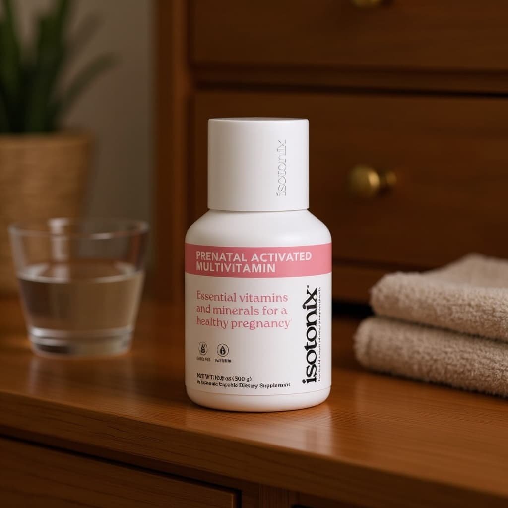 Isotonix Prenatal Activated Multivitamin bottle on a nursery dresser