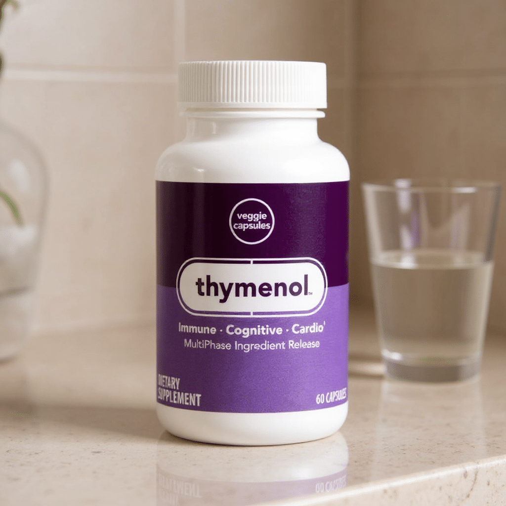 Thymenol bottle on a bathroom counter