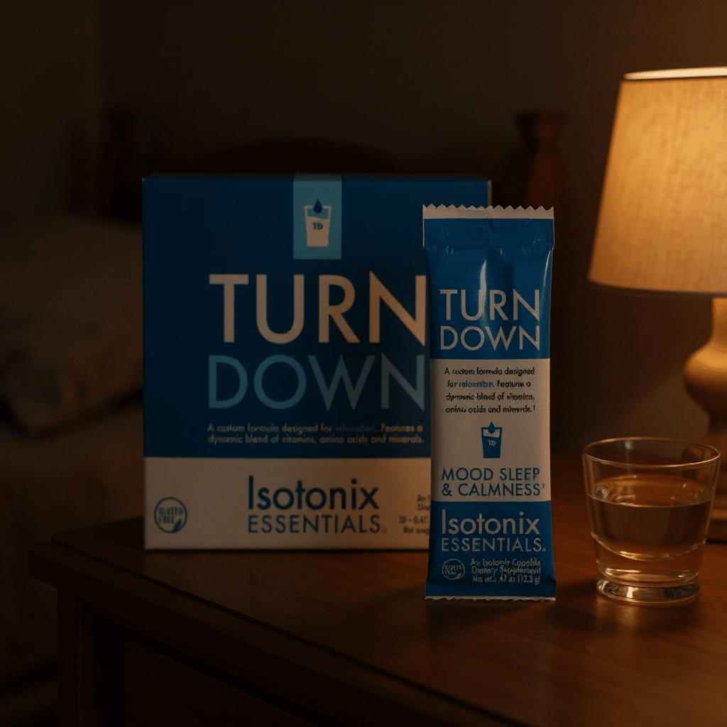 Isotonix Essentials Turn Down packet box on a nightstand