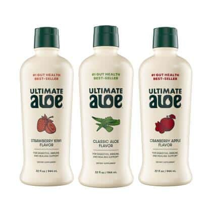 All three Isotonix Ultimate Aloe flavors: Strawberry Kiwi, Classic Aloe and Cranberry Apple