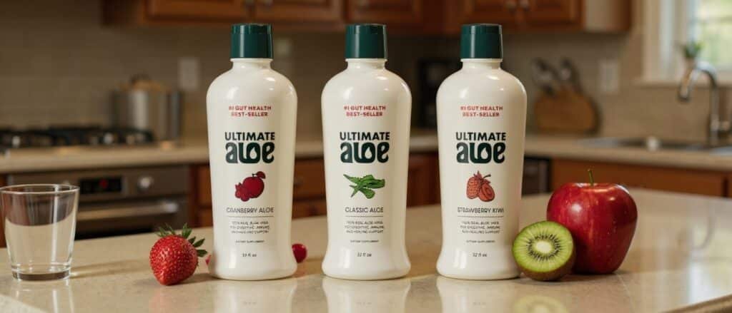 Ultimate Aloe bottles (Cranberry, Classic, Strawberry Kiwi flavors) on a kitchen counter
