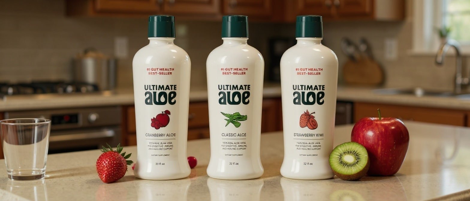 Isotonix Ultimate Aloe review: bottle beside a glass of the mixed aloe drink