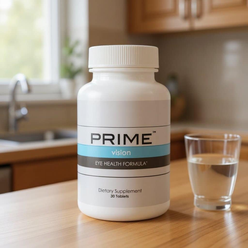 Prime Vision Eye Health Formula bottle on a kitchen counter