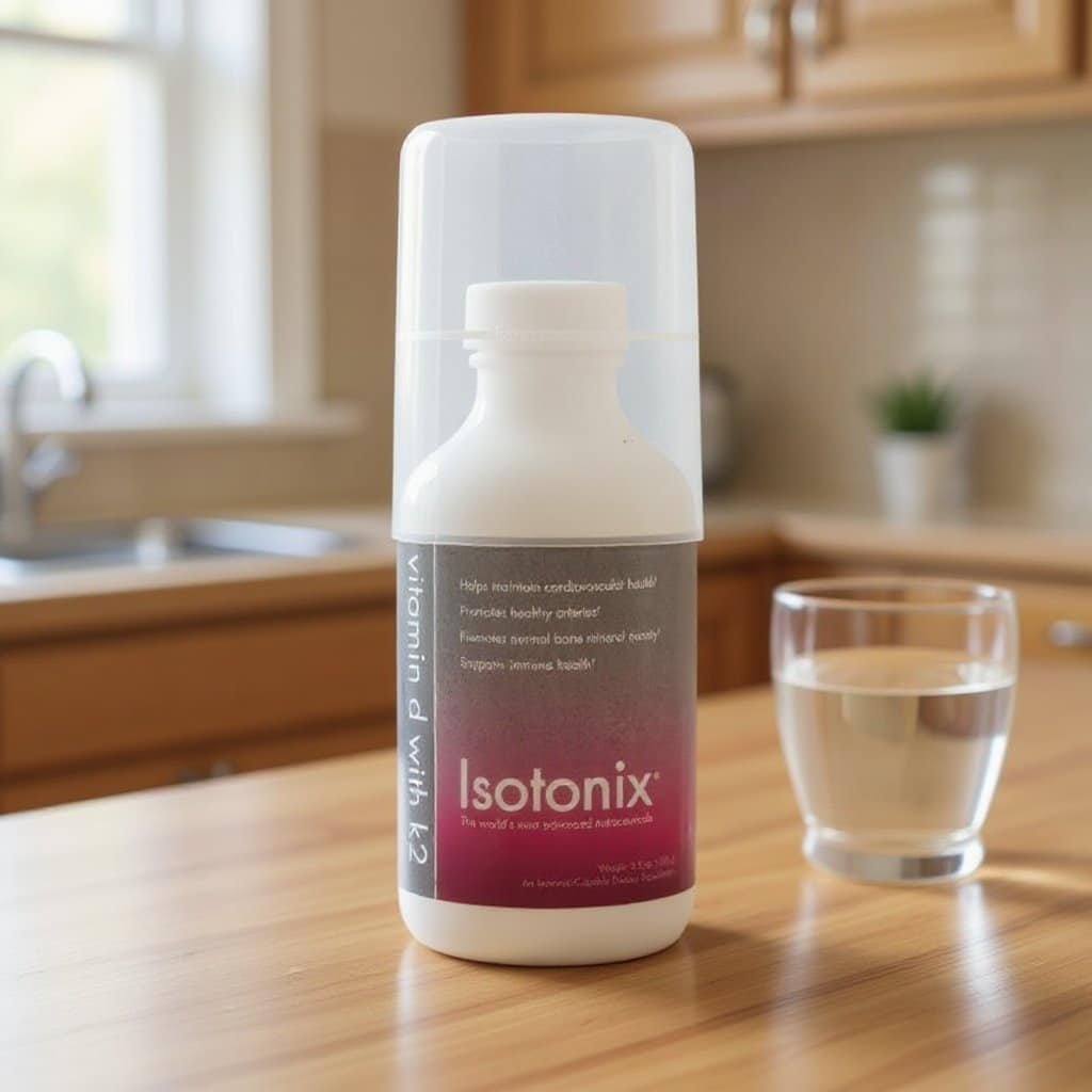 Isotonix Vitamin D with K2 bottle on a kitchen counter beside a glass of water