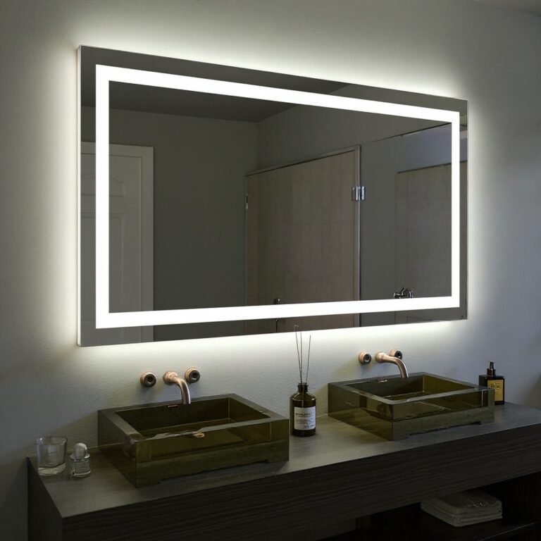 LED bathroom mirror sized correctly above a double vanity