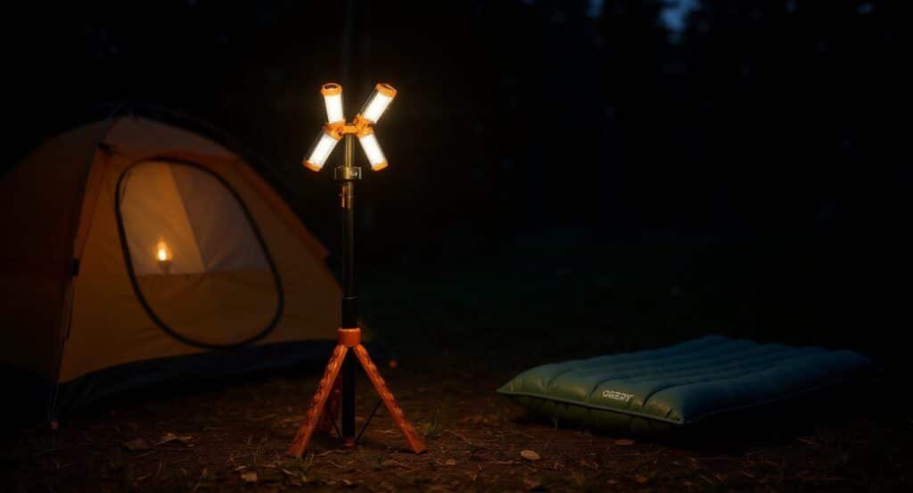 car camping site at dusk with a tripod work light and sleeping pad